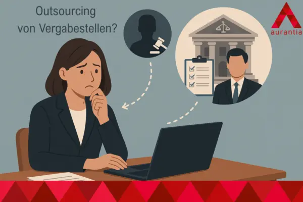 Illustration: nachdenkliche Frau am Laptop, daneben Symbole für Behörde, Checkliste und Richterhammer, Text „Outsourcing von Vergabestellen?“