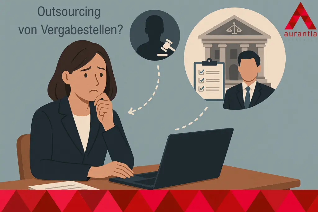 Illustration: nachdenkliche Frau am Laptop, daneben Symbole für Behörde, Checkliste und Richterhammer, Text „Outsourcing von Vergabestellen?“