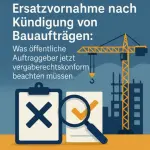 Illustration mit Baukran, Klemmbrett mit Kreuz und Lupe zum Thema Kündigung von Bauaufträgen