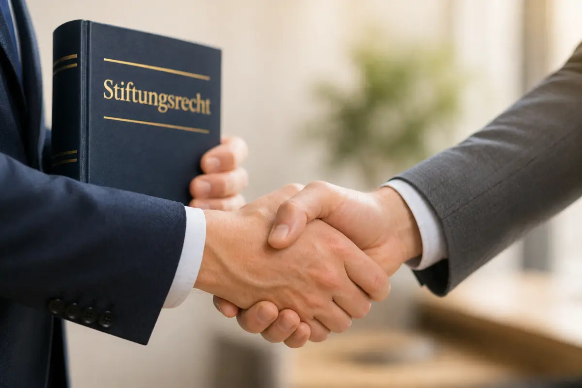 Händedruck zweier Geschäftsleute im Anzug, einer hält ein Buch mit dem Titel „Stiftungsrecht“
