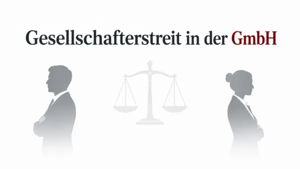 Illustration zweier abgewandter Silhouetten vor einer Waage der Justitia mit dem Schriftzug „Gesellschafterstreit in der GmbH“