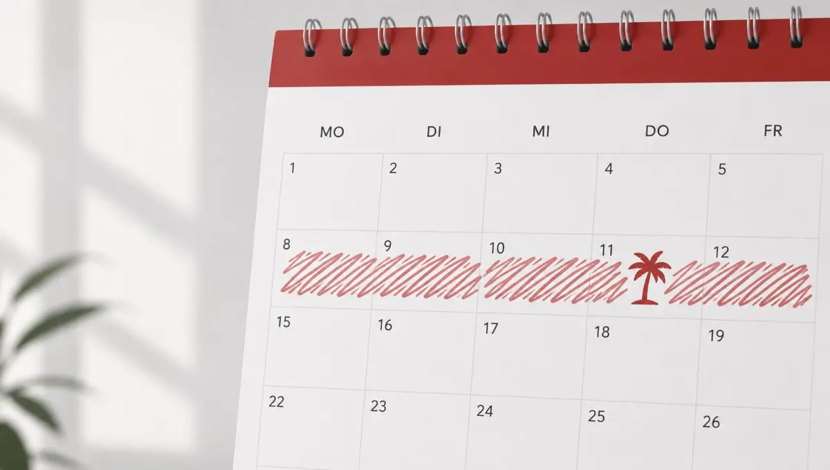 Tischkalender mit rot markierten Urlaubstagen von Montag bis Freitag und einer Palme