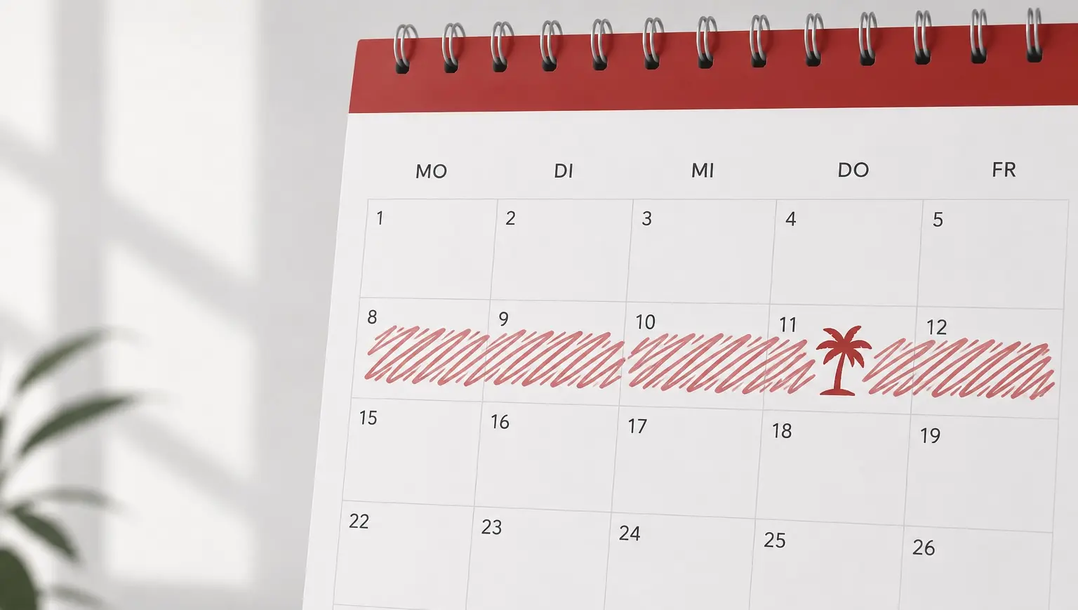 Tischkalender mit rot markierten Urlaubstagen von Montag bis Freitag und einer Palme